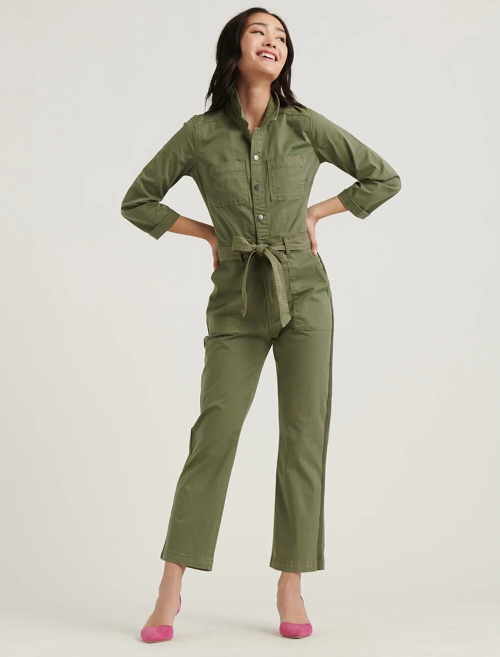 Lucky Brand Size 28 Surplus Jumpsuit Deep Lichen Green Belted Collared Trendy